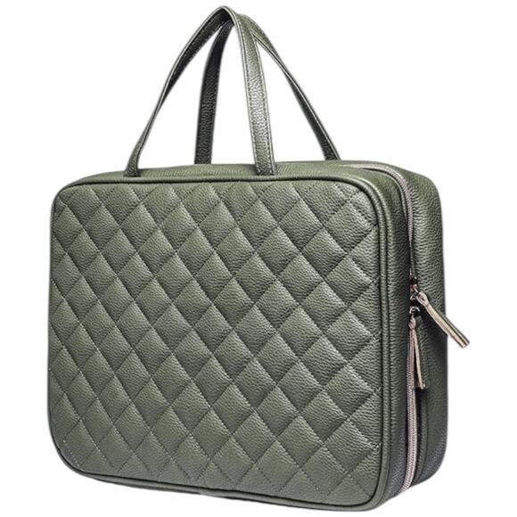 Ms Lovely quilted olive green satin lined toiletry travel bag rose gold zip NWT - Picture 1 of 6